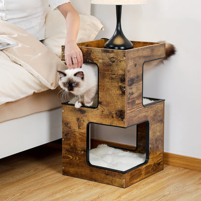 23" Wood Cat House Furniture for Indoor Cats, Modern Cat Tree Tower Bed with Free Cat Toy, Scratching Pad and Removable Soft Mats, Small Cat Condo, Beige