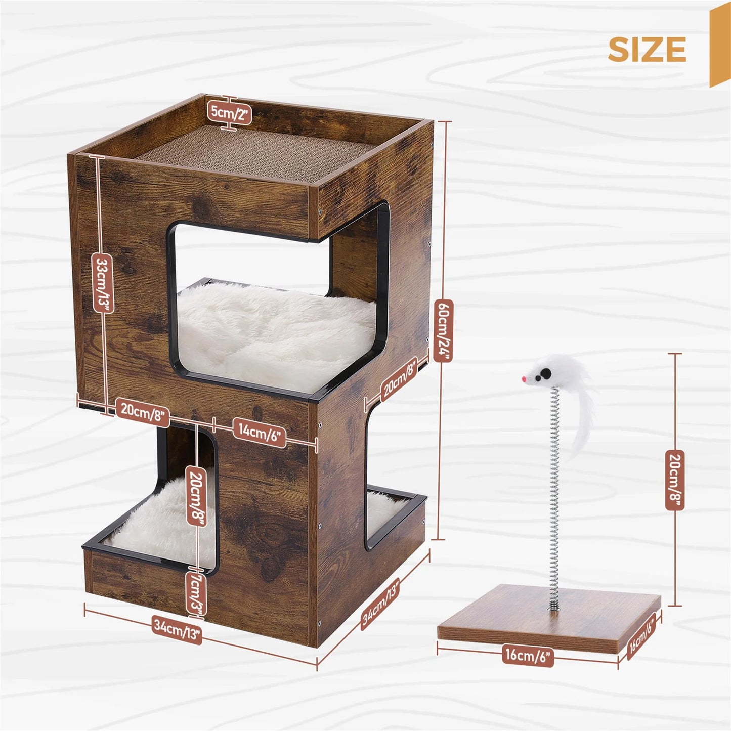 23" Wood Cat House Furniture for Indoor Cats, Modern Cat Tree Tower Bed with Free Cat Toy, Scratching Pad and Removable Soft Mats, Small Cat Condo, Beige